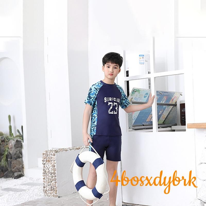 ชุดว่ายน้ำ Rash Guard สำหรับเด็กชาย เสื้อว่ายน้ำแขนสั้น + กางเกงขาสั้นพร้อมหมวกว่ายน้ำ ชุดว่ายน้ำ