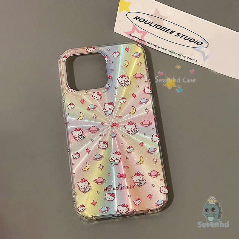 ปลอกสําหรับ iPhone 15 14 13 12 11 Pro Max X XR Xs Max 8 7 6 6s Plus การ์ตูนน่ารัก Mini Cute Kitty ตลกแฟชั่นเคสโทรศัพท์หรูหรา Cool ชุบเลเซอร์ Aurora ป้องกันปกหลัง
