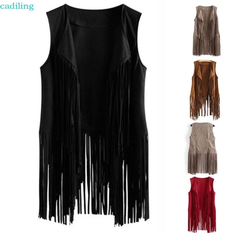 Cadiling ผู้หญิง Faux Suede ชาติพันธุ์แขนกุดสําหรับแจ็คเก็ตยาว Fringe Tassels 70s Hippie เปิดด้านหน้าคาร์ดิแกน Vintage Waistc