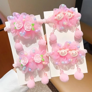 Dangle น่ารักดอกไม้สีชมพูผมผูกเชือกผม Scrunchies ยางผมหางม้าเครื่องประดับสําหรับเด็กเด็ก