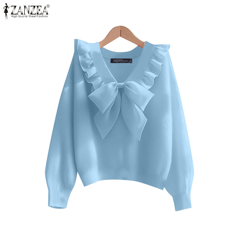 ZANZEA ซานเซีย ผู้หญิงเกาหลีลําลองนัวเนียปกเสื้อแขนยาวสีทึบเสื้อกันหนาว
