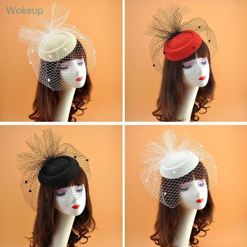 Wake Fascinator หมวกสําหรับผู้หญิง Pillbox หมวก Plush Polka Dot ตาข่ายและคลิปผมค็อกเทล Party Headwear Headdre