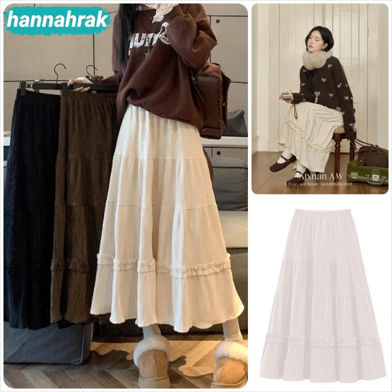 (ส่งจากกรุงเทพฯ)กระโปรงยาวลูกไม้ลายฉลุ กระโปรงยาวสีพื้น แต่งลูกไม้ งานเกาหลี คิวส์สุดๆ(มีซับในค่ะ)