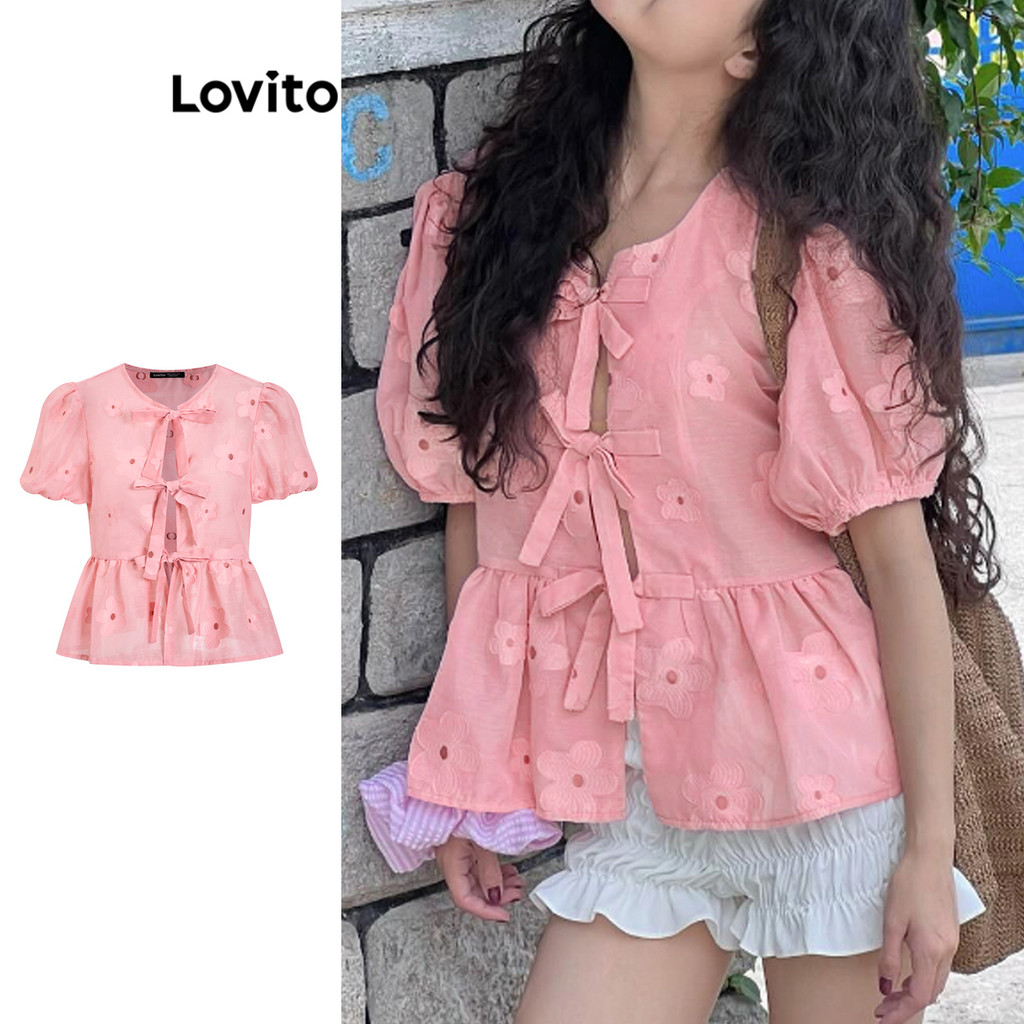Lovito เย็บปักถักร้อยดอกไม้น่ารักน่ารักผูกเสื้อด้านหน้าสำหรับผู้หญิง L101AD357