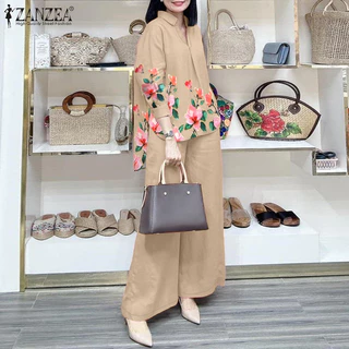 ZANZEA ซานเซีย ผู้หญิงเกาหลีพิมพ์ปกจีบแขนโคมไฟกระเป๋าขากว้างชุดสองชิ้น