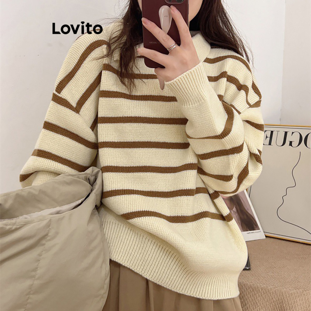Lovito เสื้อกันหนาว บล็อกสี ลายทางลำลองสำหรับผู้หญิง LNA75124