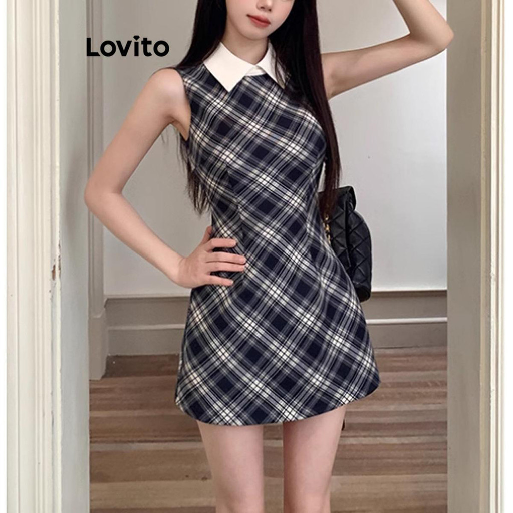 Lovito เดรสผู้หญิง ลายตารางกิงแฮม คัลเลอร์บล็อก สไตล์ลำลอง LNM69190
