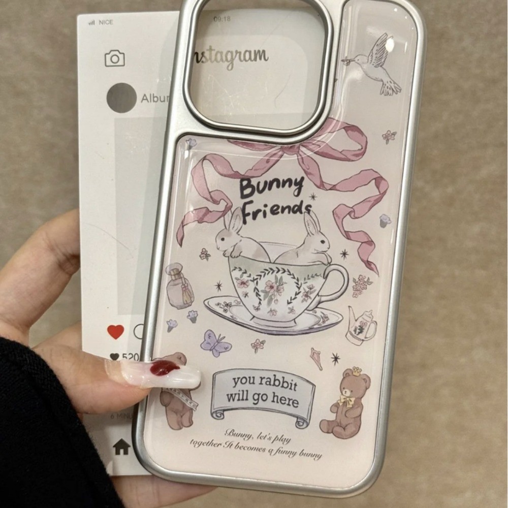 เกาหลี INS ชุบกรอบถ้วยกระต่ายเคสโทรศัพท์สําหรับ IPhone 16 14 15 Pro Max 13 Promax น่ารัก Vintage กันกระแทก Hard โทรศัพท์ปกหลัง
