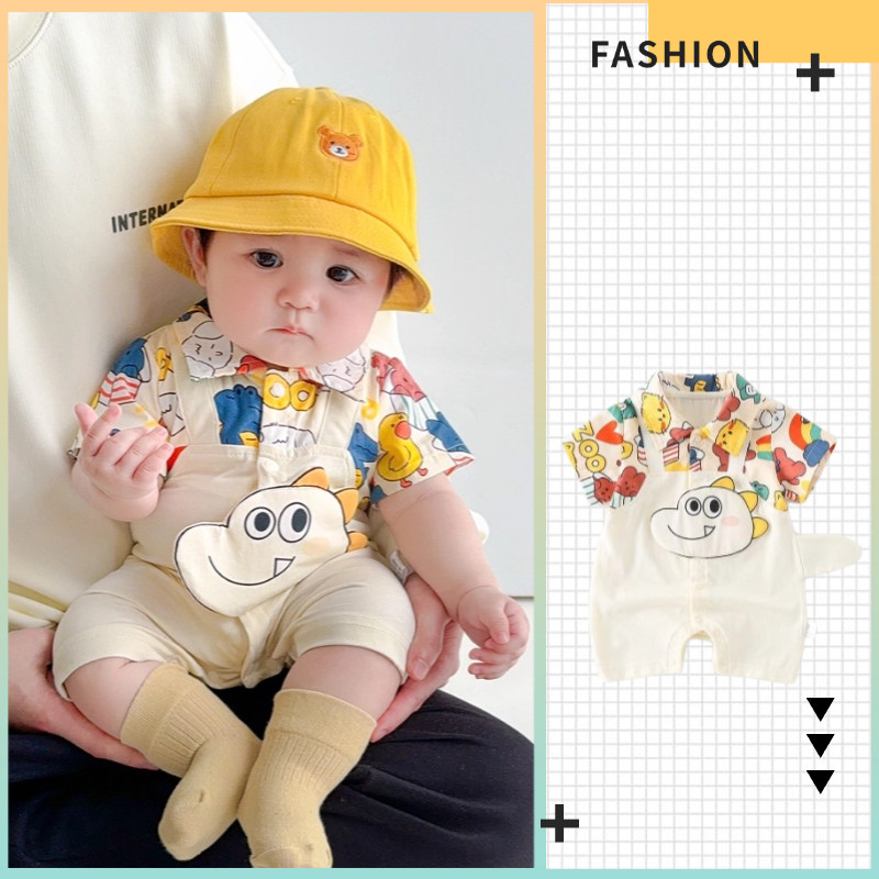 ฤดูร้อนใหม่เสื้อผ้าเด็กบางบอดี้สูทแขนสั้น 0-24 เดือนนุ่มและระบายอากาศสุดน่ารักการ์ตูนไดโนเสาร์ ชุดรอมเปอร์ สไตล์เกาหลี