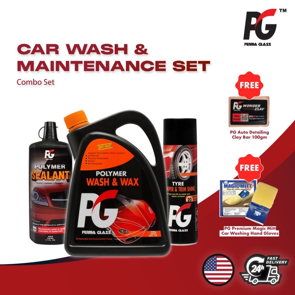 Basic Wash Shine Combo Kit ( PG Car Shampoo Wash & Wax 2L+PG Polymer Sealant 500ml+PG Tyre Bumper Tr