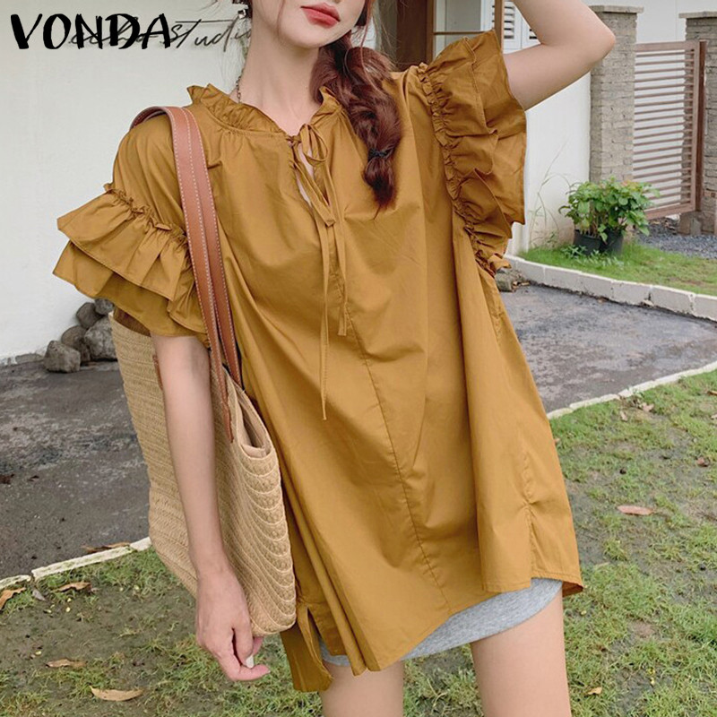 Vonda ผู้หญิงเกาหลีลําลองรอบคอ Ruffle แขนสั้น Lace Up Blouse — صورة 4