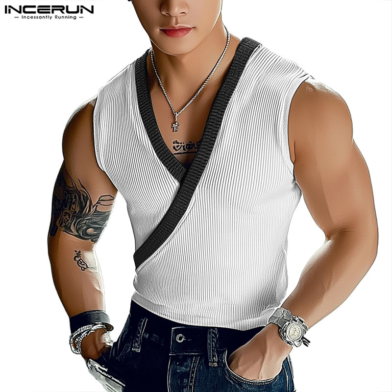 Incerun เสื้อกล้ามสีตัดกันถักสําหรับผู้ชาย