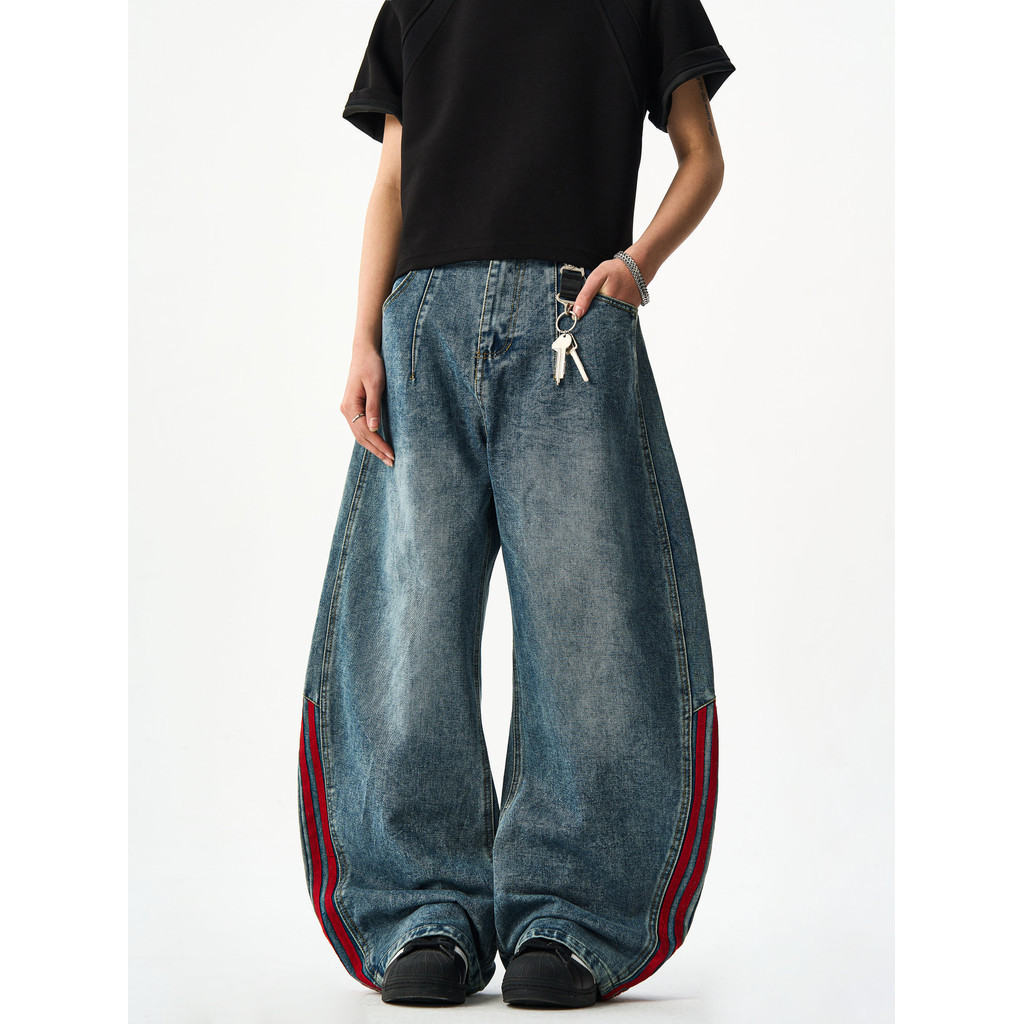 SUIKONE ซุยโคเนะ อเมริกันย้อนยุคลายเย็บกางเกงยีนส์วงเดือนขากว้างฤดูใบไม้ผลิผู้ชายและผู้หญิงหลวมตรง - รูปที่ 2