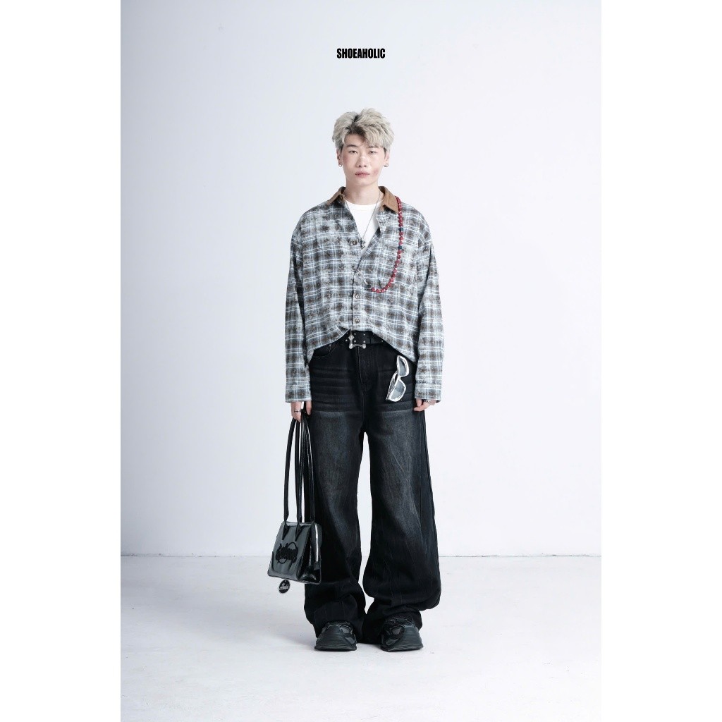 (URBAN HEAT) STREETSTYLE DARK GREY VELVET COLLAR FLANNELS SHIRT