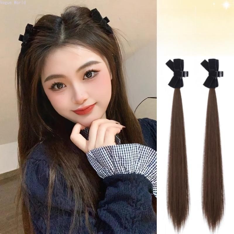 Vogue Braid วิกผมผู้หญิงกํามะหยี่โบว์คว้าคลิปหางม้าคู่ Sleek ตรงวิกผม Bundle Princess Head Elf หู Tie เครื่องประดับผม