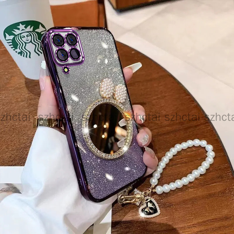 ปลอก Samsung A12 M12 a22 4G a22 5G M22 หรูหราเครื่องสําอางกระจกแต่งหน้าวงเล็บเคสอ่อนพร้อมเชือกเส้นเล็กฝาครอบโทรศัพท์กันกระแทกสําหรับสาว