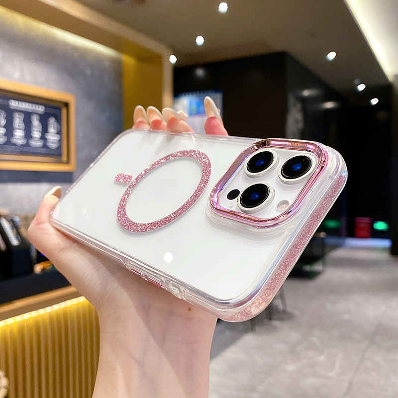 หรูหรา Magnetic Attraction โปร่งใสแป้งสําหรับ iPhone 16 15 14 Plus 13 12 11 Pro Max กันกระแทกโทรศัพท