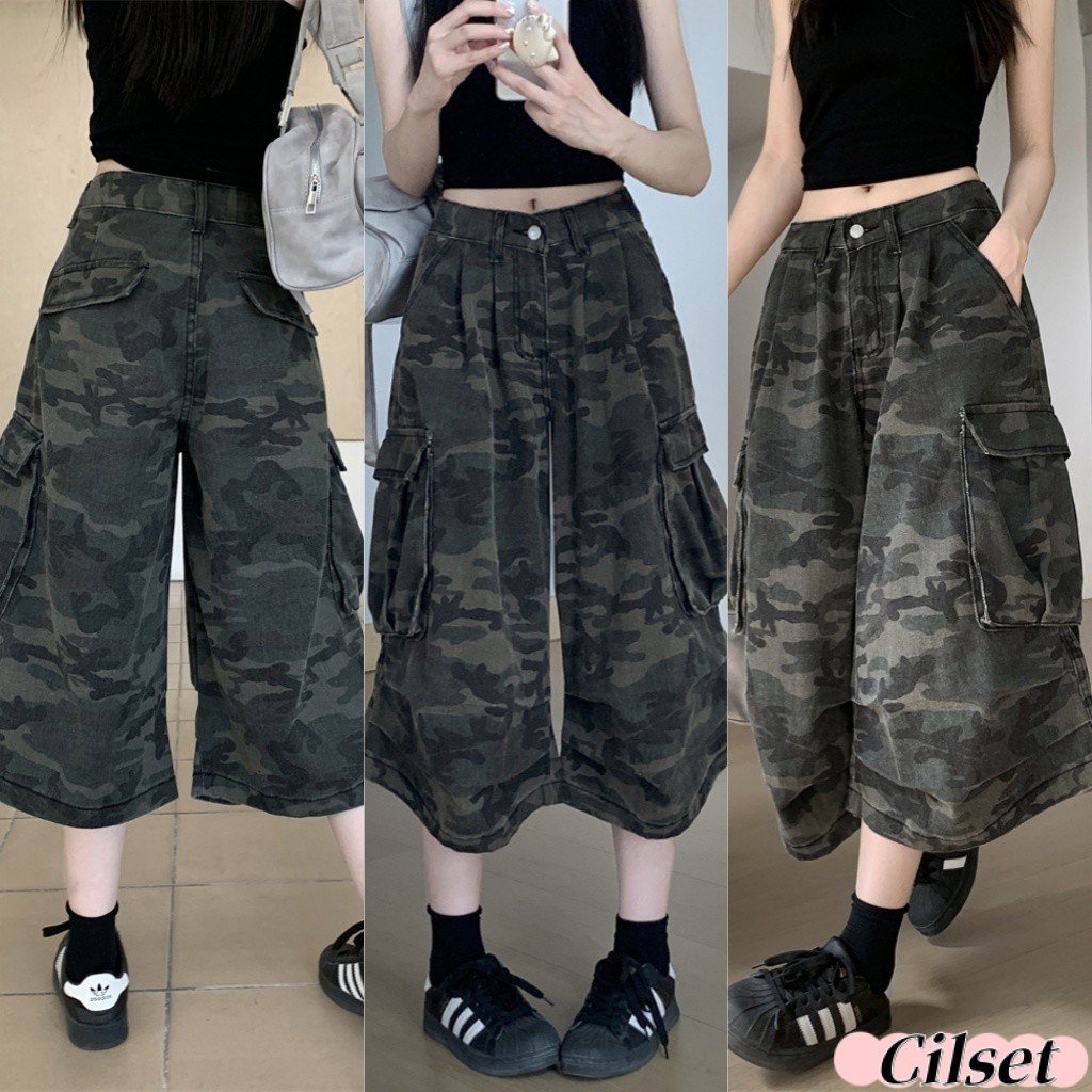 Cilset🛒พร้อมส่ง🎀กางเกงลำลอง กางเกงขากว้าง 7ส่วน ลายทหาร ทรงคาโก้ สไตล์วินเทจ ใส่สบาย งานกระเเส /NZ1870
