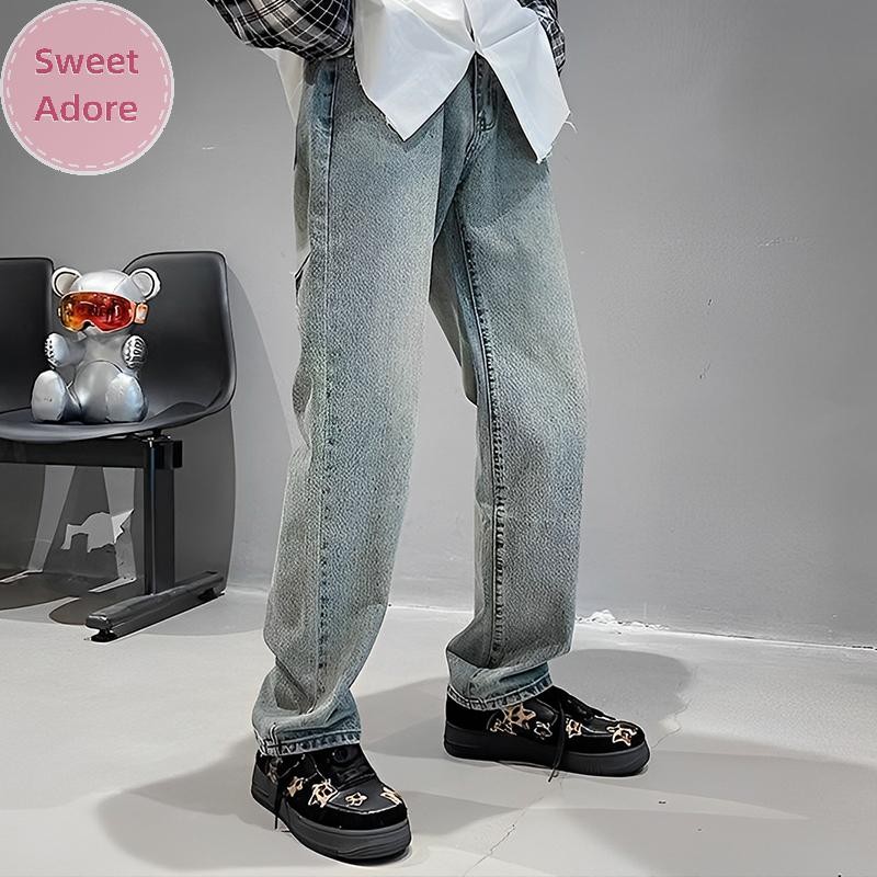 SweetAdore Street กางเกงยีนส์ผู้ชาย Vintage Distressed Letter กราฟิกฤดูร้อน Hip Hop Fit Punk Streetw