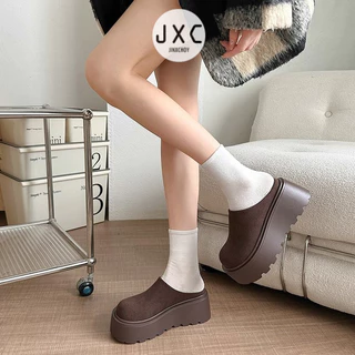 JINxCHOY ฤดูใบไม้ร่วงฤดูหนาวสวมใส่ด้านนอกสบาย All-Match Lazy One-Pedal เวอร์ชั่นเกาหลีแพลตฟอร์มด้านล่าง Retro กลางส้นหนาด้านล่างขนแกะ Warm Anti-Slip รองเท้าแตะครึ่งขายส่ง