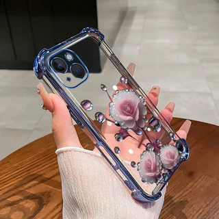 เคสสําหรับiPhone 13 14 pro max 14 plus 13 Mimiเคสโทรศัพท์สีชมพูดอกตูมสี่มุมซิลิโคนTPUโปร่งใสSoft shell ﻿ดีซ