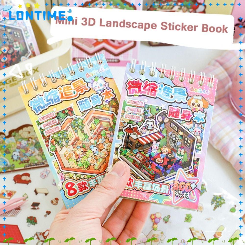 LONTIME Cabin Scene Pocket Sticker, PET Miniature House Mini Landscape Sticker Book, การ์ตูน DIY Min