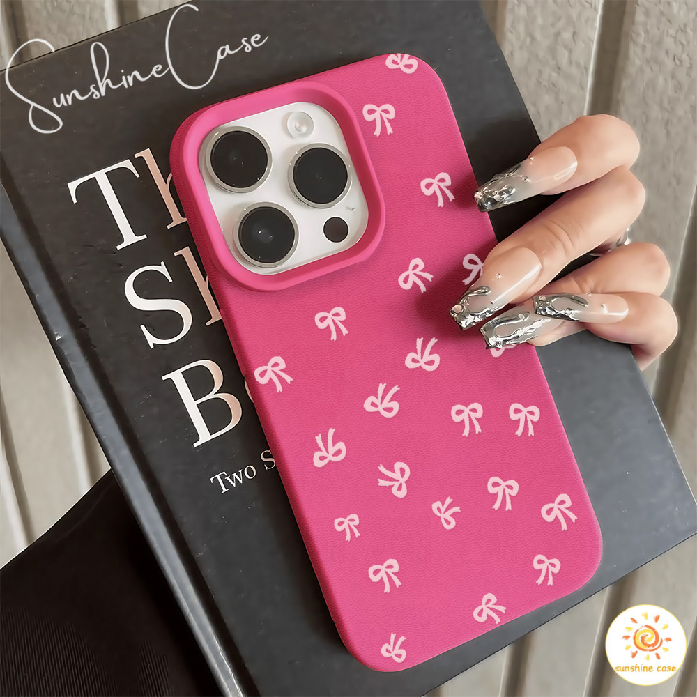 พร้อมส่ง เคสไอโฟน14 โบว์ชมพูหวานๆ เคสลายลิ้นจี่ใช้กับIPhone11 12 13 14 15 16 Pro PROMAX 7/8PLUS X/XR/XS/XSMAX กันกระแทก