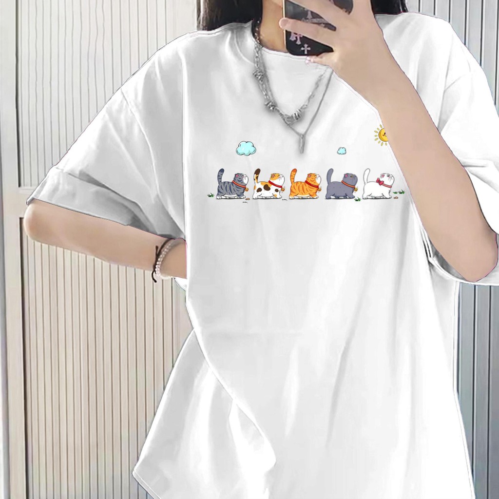 TeddyTee เสื้อยืดโอเวอร์ไซส์ เสื้อยืดคอกลม อเมริกันย้อนยุค สวมใส่สบาย แฟชั่น ผ้าฝ้าย100% Unisex ลายพิมพ์ "cat"