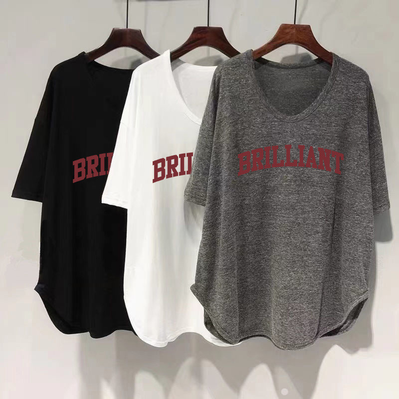 เสื้อยืดแขนสั้นผู้หญิงหลวมขนาดใหญ่กลางความยาว U-คอแขนสั้นเสื้อยืดผู้หญิงฤดูร้อนเกาหลีรุ่น Slimmer ดู