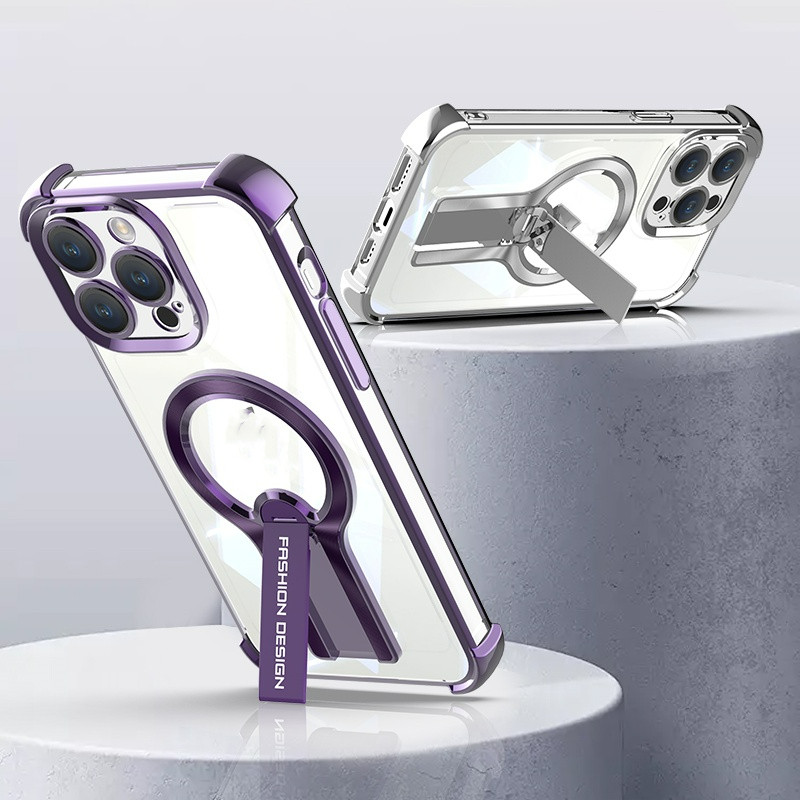 หรูหราสี่มุม Anti-Drop ชุบ Strip Bracket เคสโทรศัพท์สําหรับ IPhone 17Promax 16 Pro Max 15 14 13 12 11 Promax ไร้สายฝาครอบชาร์จแม่เหล็กป้องกันกรณี Hard ปลอก