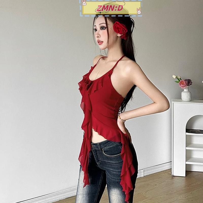 Newwellknowngreat เสื้อกั๊กผู้หญิงสามมิติดอกไม้ Halter คอ Slim เสื้อกั๊กแขนกุดไม่สม่ําเสมอ RRT