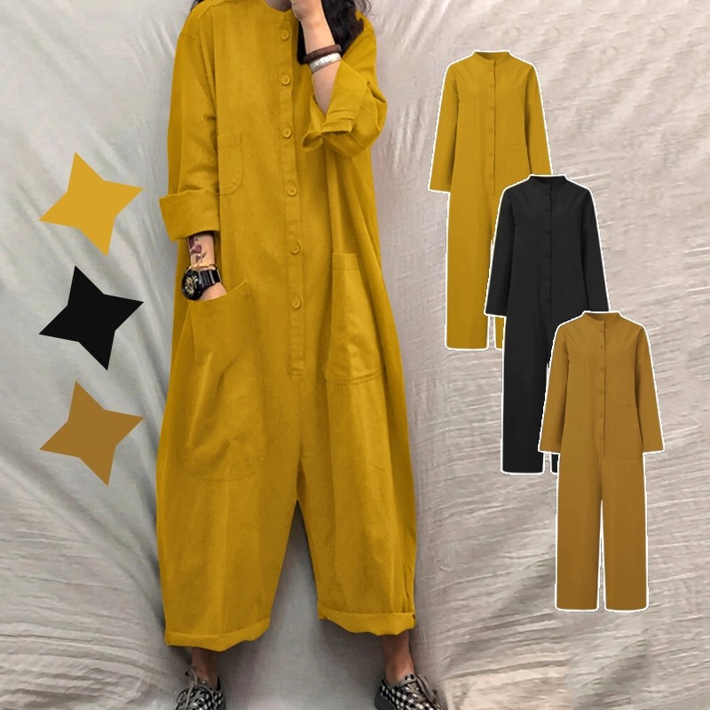 Baggy Rompers Overalls ผู้หญิงลําลองหลวมJumpsuitsแขนยาวกางเกงขากว้างJumpsuitsกับหลายกระเป๋า