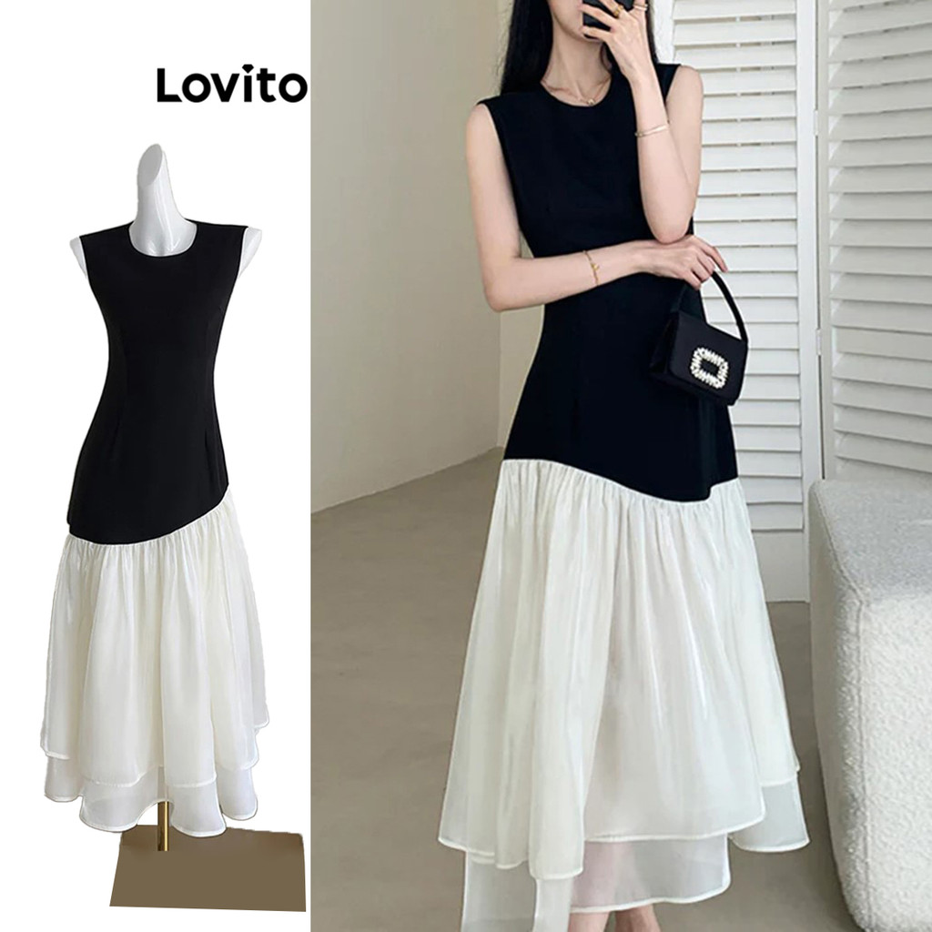 Lovito ชุดเดรสปลอมชายระบายเรียบหรูหรา 2 ใน 1 สำหรับผู้หญิง L105MD491
