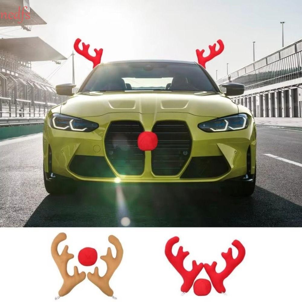 Nedfs ของแต่งรถคริสต์มาสน่ารัก, Creative 3D Christmas Auto ตกแต่งภายนอก, Xmas ของขวัญกวางฮอร์นการ์ตูนจมูกสีแดงรถ Reindeer Antler Kit เครื่องประดับรถยนต์