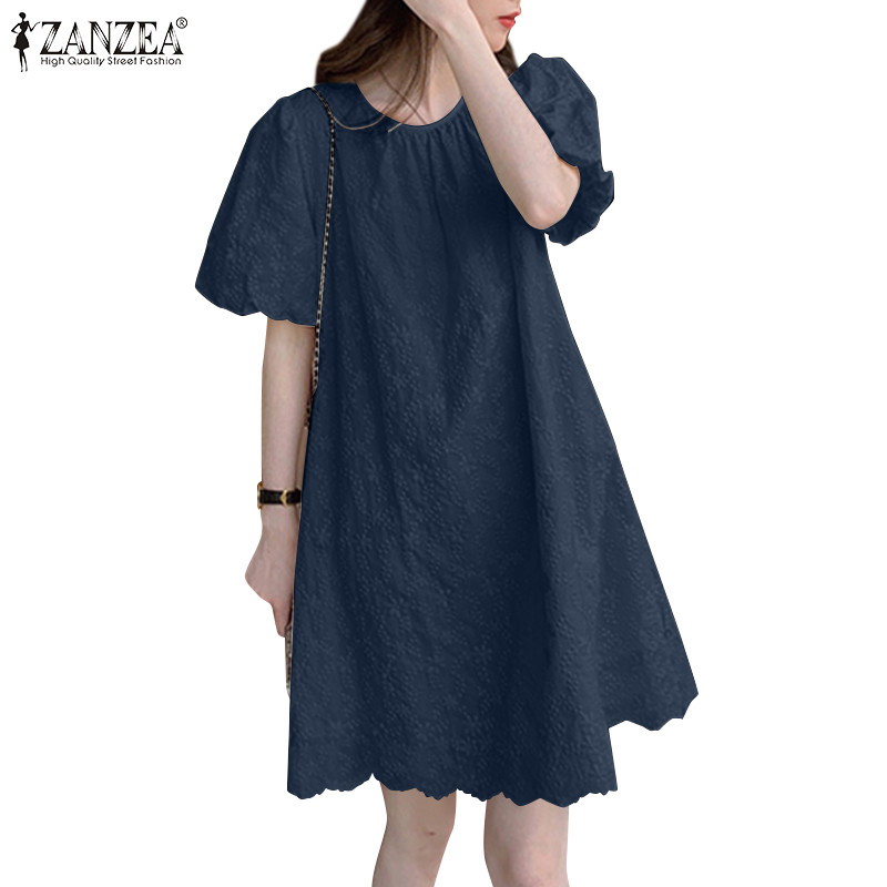 Zanzea ชุดเดรสแขนพัฟคอกลมลําลองสไตล์เกาหลีสําหรับผู้หญิง