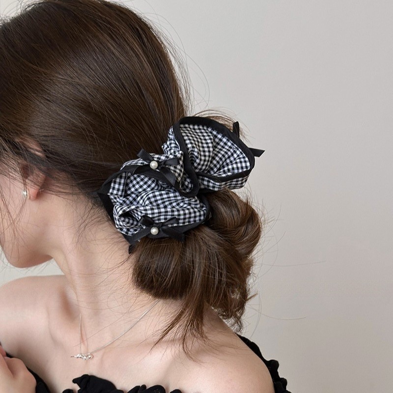 Pearl Bowknot ลายสก๊อต Scrunchy Tie หญิง หัวเชือกสไตล์ใหม่ High-End Feeling เครื่องประดับผมดอกไม้อุปกรณ์เสริมผมขายส่ง