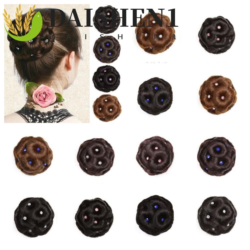 Daishen1 เก้าดอกไม้ Chignon, ผมปลอมสีน้ําตาลคริสตัลมวยสังเคราะห์, อินเทรนด์ Scrunchie ผม Extension Donut Bun Curly Chignon ผู้หญิง