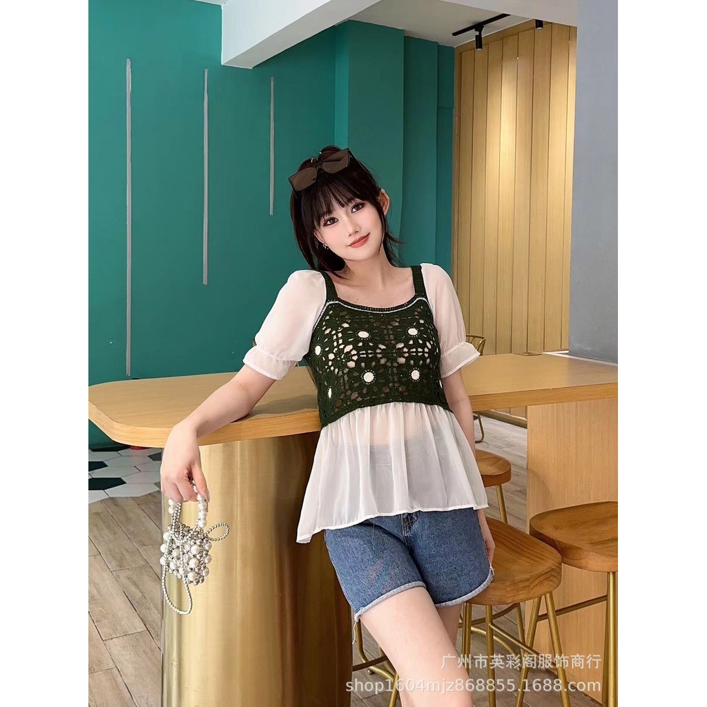 ใหม่แขนสั้นย้อนยุคคอเหลี่ยมผู้หญิงเสื้อชีฟองฤดูร้อนแบบบางแขนพองแฟชั่นเสื้อผู้หญิงเสื้อลูกไม้ผู้หญิง