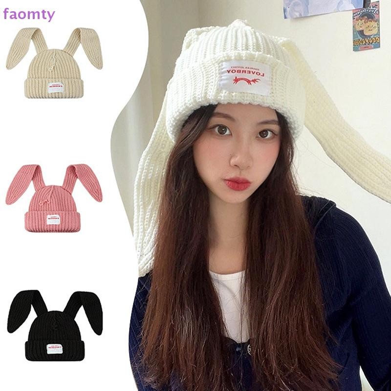 Faomty Beanie ยาวหูหมวกโครเชต์ถักหมวกกระต่ายน่ารักหมวกกระต่ายหูหมวกสําหรับผู้หญิงฤดูหนาวที่อบอุ่นหมวกหมวก TH
