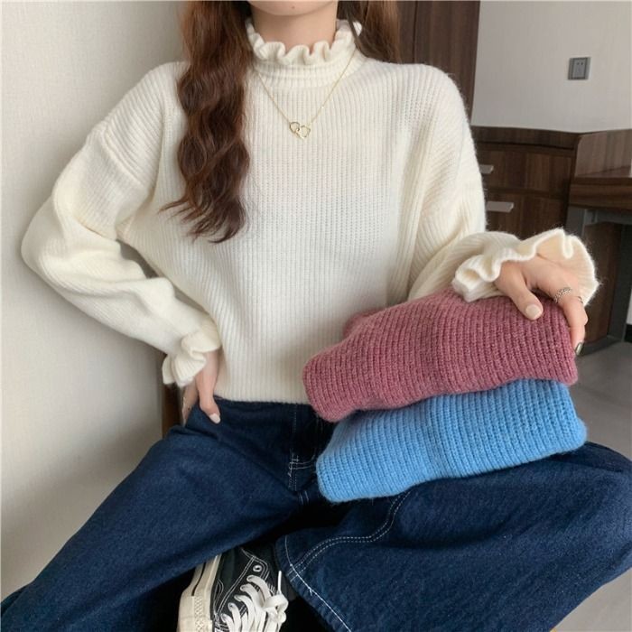 เสื้อสเวตเตอร์คอเต่าครึ่งตัวสีแดงเสื้อถักฤดูใบไม้ร่วงใหม่ฤดูหนาวเสื้อสเวตเตอร์แฟชั่นพื้นฐานธรรมดา