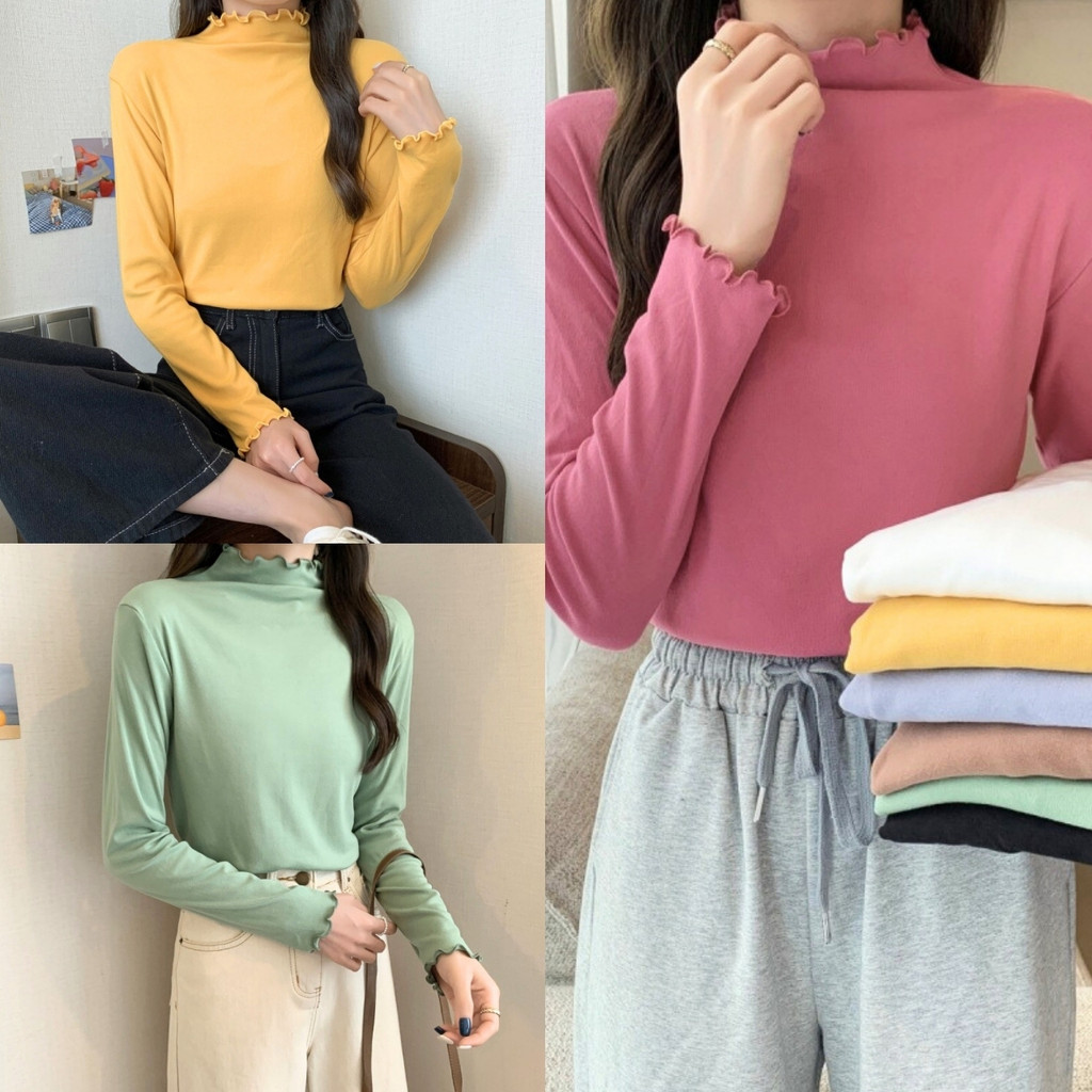 ราคาถูกที่สุด เสื้อแขนยาวคอสูง ผ้าคอตตอนนิ่ม ขอบหยักน่ารัก 7 สีพื้น