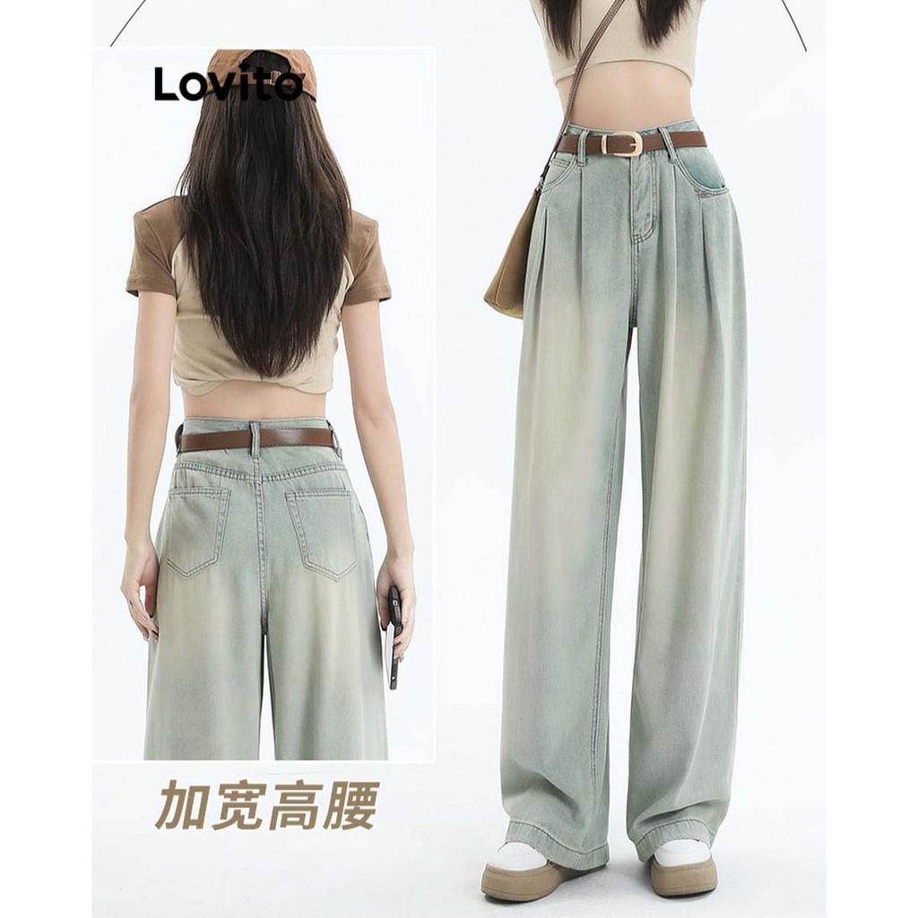 Lovito กางเกงยีนส์ผู้หญิง มีกระดุม ฟอกสี สีพื้น สไตล์ลำลอง LNM71041