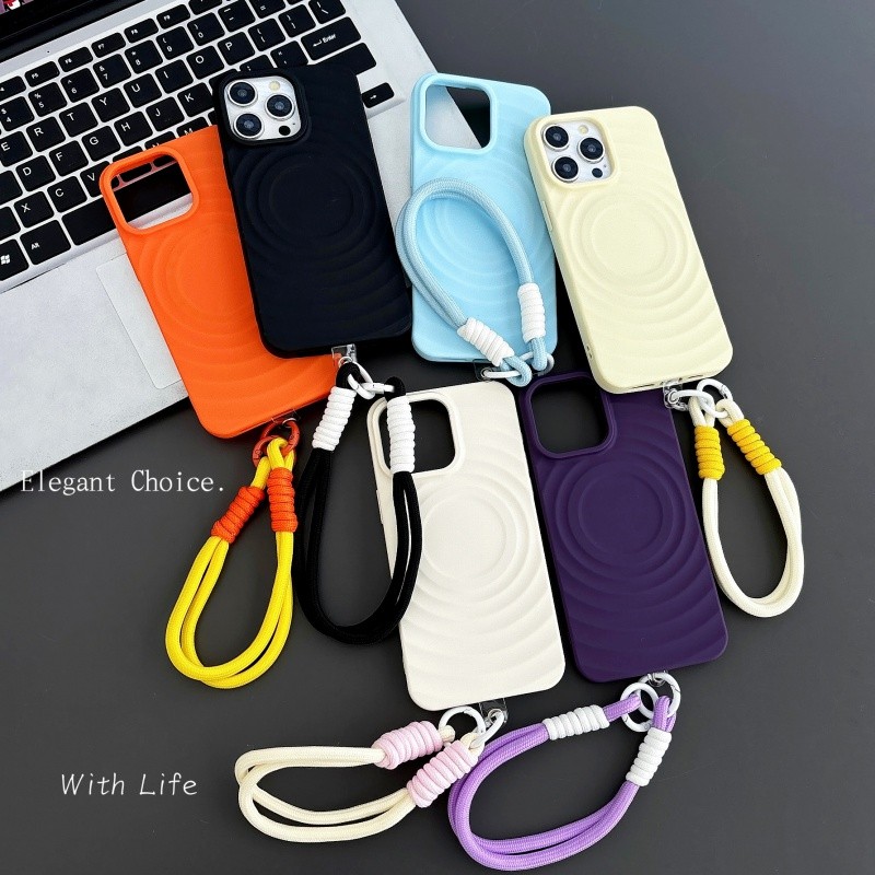 คลื่นเคสโทรศัพท์แม่เหล็กทรงกลมสําหรับ ไอโฟน 11 12 13 14 15 16 มือโปร สูงสุด บวก แม่เหล็กปกอ่อนพร้อมปลอกเชือกแขวนสําหรับเคส ไอโฟน14โปรแม็กซ์
