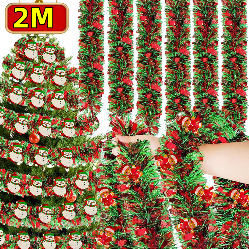 2m Sparkling Christmas Ribbon - DIY ปลอม Creeper สีเขียว Leaf Ivy Vine - แถบตกแต่งคริสต์มาสริบบิ้น - Snowman Gingerbread Man พวงหรีดตกแต่งต้นคริสต์มาส