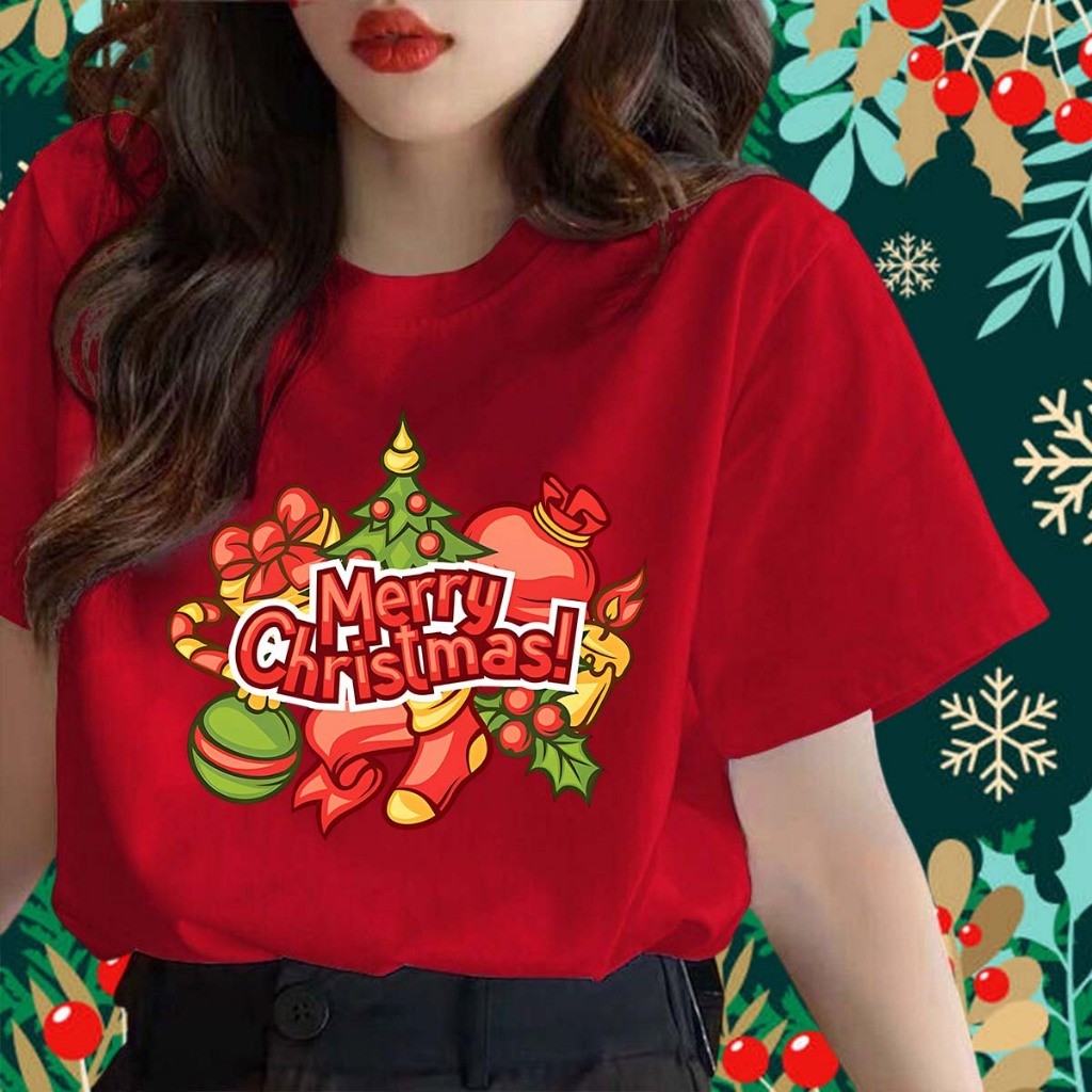 (จัดส่งตลอด 24 ชั่วโมง）OOOK Official เสื้อคริสต์มาส Merry Christmas T-shirt ต้นคริสต์มาส พิมพ์ลาย เสื้อครอบครัวคริสต์มาส