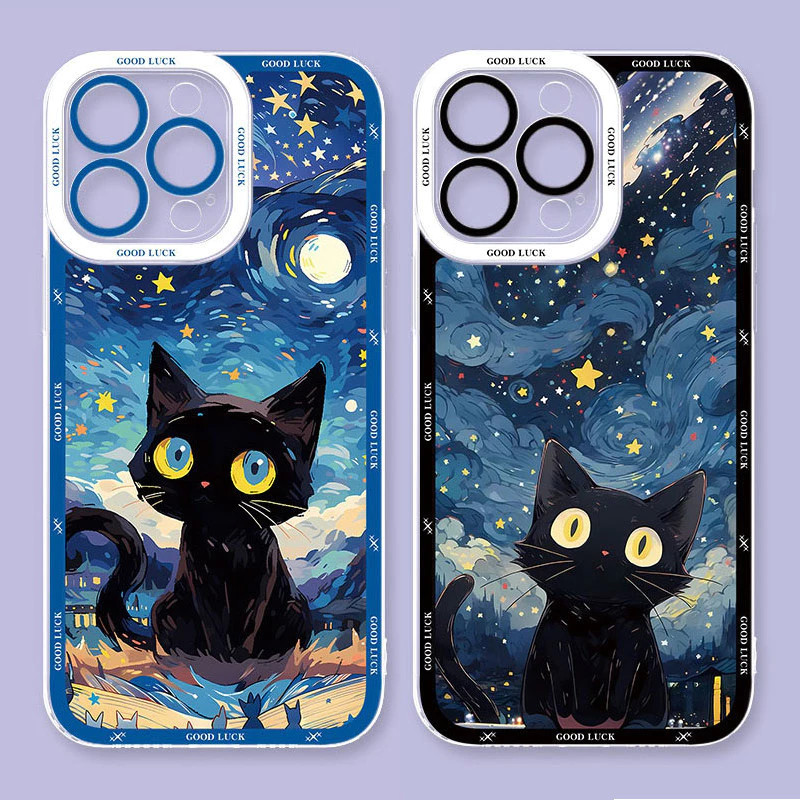 Starry Night Black Cat สําหรับ Samsung S25 S24 S23 Ultra S22 S21 Plus S20 S23 FE A73 A72 A02S A03S หมายเหตุ 20 น่ารัก Oil-ภาพวาดศิลปะซิลิโคนอ่อนนุ่ม Clear Angel Eyes ฝาครอบ