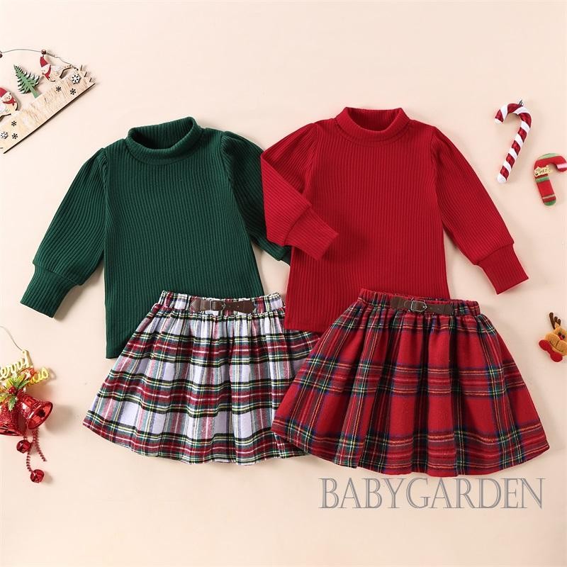 //-1-5 ปีเด็ก/เด็กสาวคริสต์มาส 2 ชิ้นชุดของแข็ง Ribbed Mock คอเสื้อแขนยาว + ลายสก๊อตเอวยางยืด A-Line