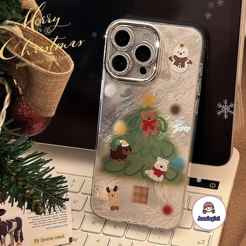 หรูหราการ์ตูนลูกสุนัขต้นคริสต์มาสเคสโทรศัพท์สําหรับiphone 11 15 16 Pro MAX 12 14 13 Promax XS MAX XR 7 8 Plus Silver Glacierรูปแบบกันกระแทกฮาร์ดปกหลัง