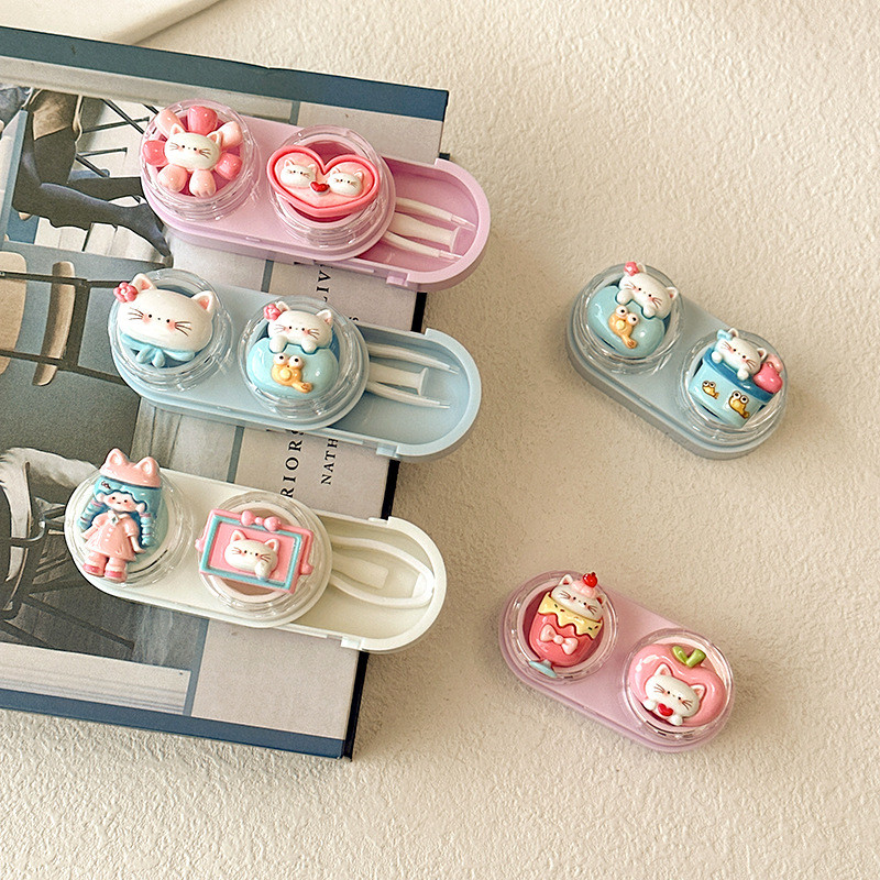 ตลับคอนแทคเลนส์การ์ตูนแมว กล่องใส่เครื่องสําอางแบบลิ้นชักพกพา เคสดูแลคู่หูขนาดเล็ก อุปกรณ์แว่นตา
