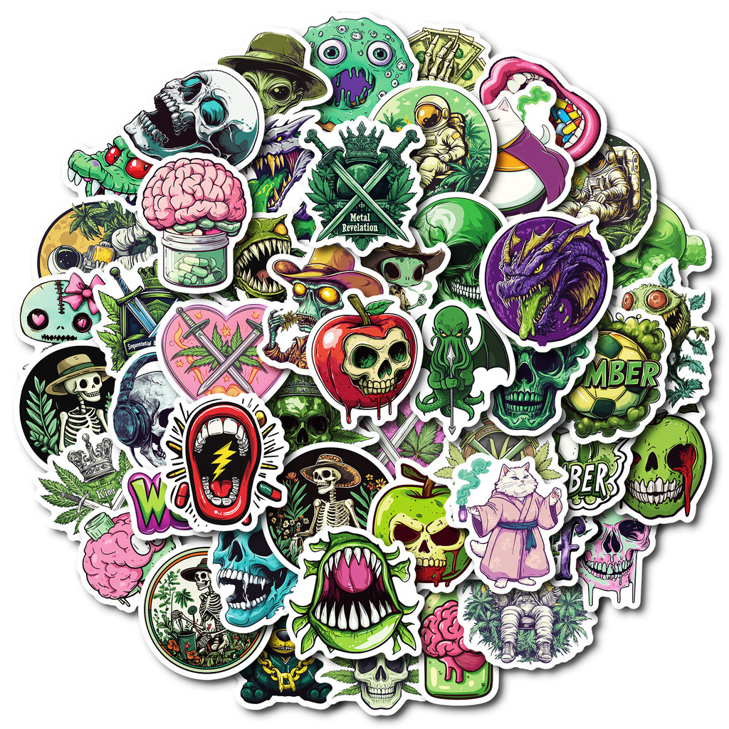 50pcs สไตล์ใหม่ Gothic Horror Marijuan Leaf Graffiti สติกเกอร์สําหรับจักรยานบัญชีมือกล่องดินสอ Decals LanLanStickersWorld